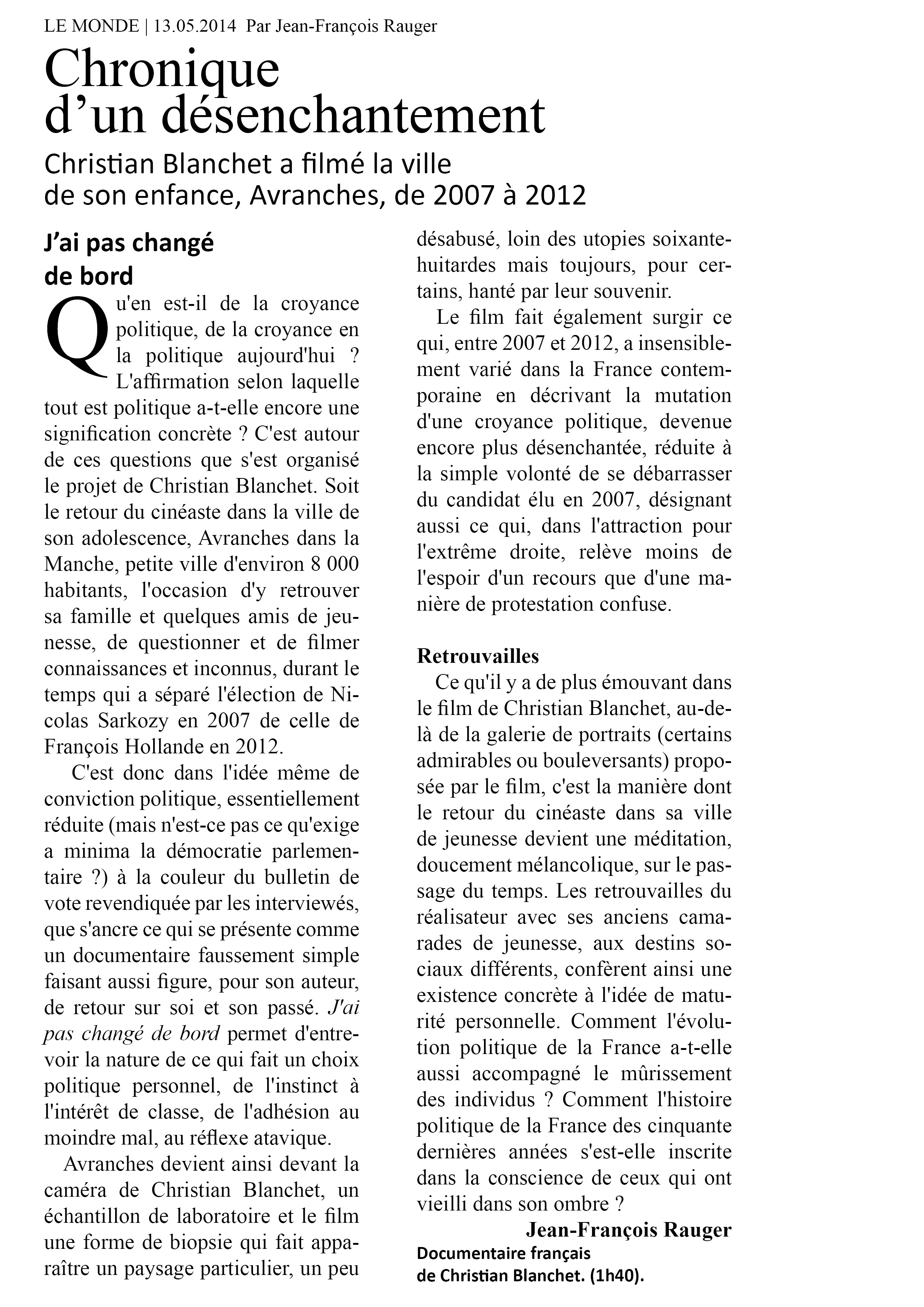 Le Monde 13 mai 2014 JF Rauger